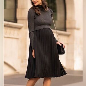 Charcoal Pleated Maternity & Nursing Dress